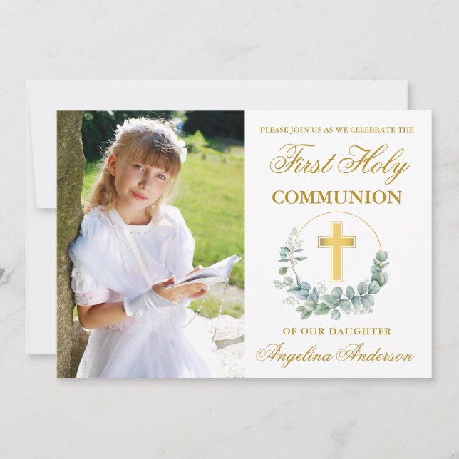 Watercolor Eucalyptus First Communion Gold Photo Invitation (Front)