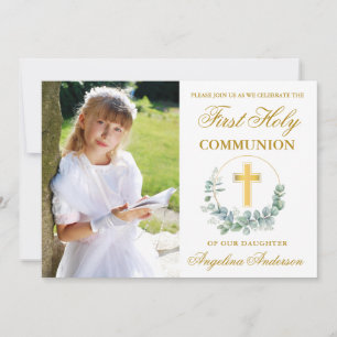 Watercolor Eucalyptus First Communion Gold Photo Invitation