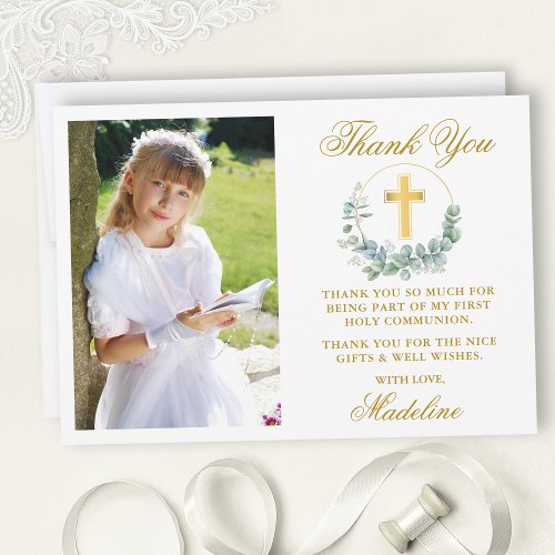 Watercolor Eucalyptus First Communion Gold Thank You Card