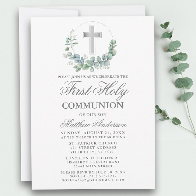 Watercolor Eucalyptus First Communion Silver Invitation (Customize to change text size, style, color or to add more text or photos to back of card.)