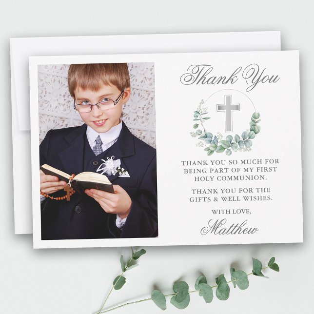 Watercolor Eucalyptus First Communion Silver Thank You Card (Customize to add text or more photos to back of card.)