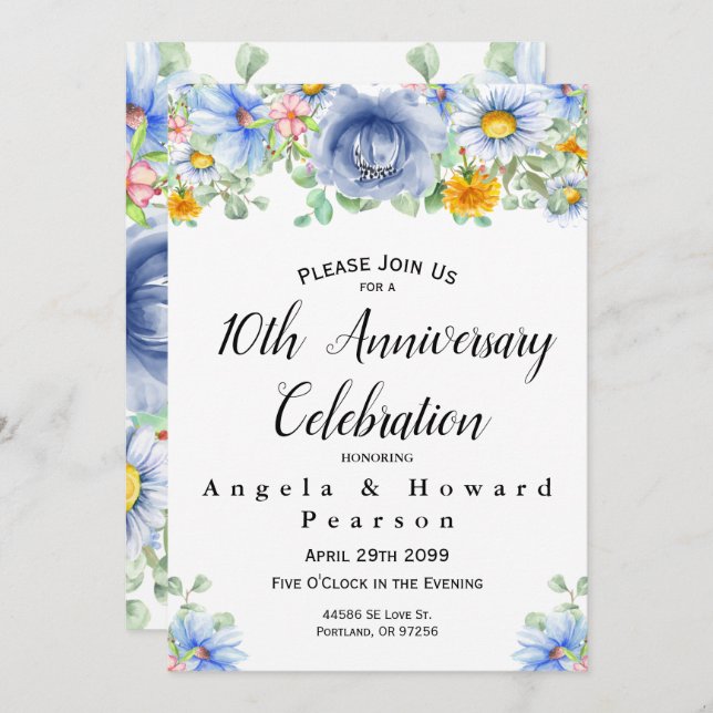 Watercolor Eucalyptus Floral 10th Anniversary  Invitation (Front/Back)