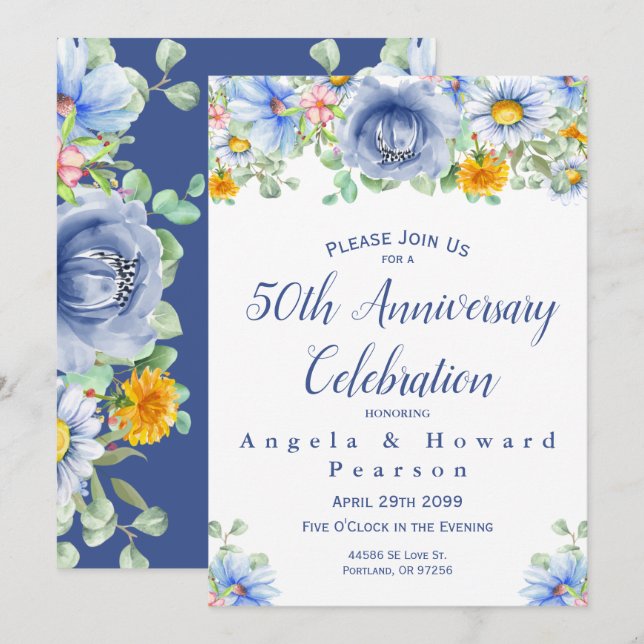 Watercolor Eucalyptus Floral 50th Anniversary Invitation (Front/Back)