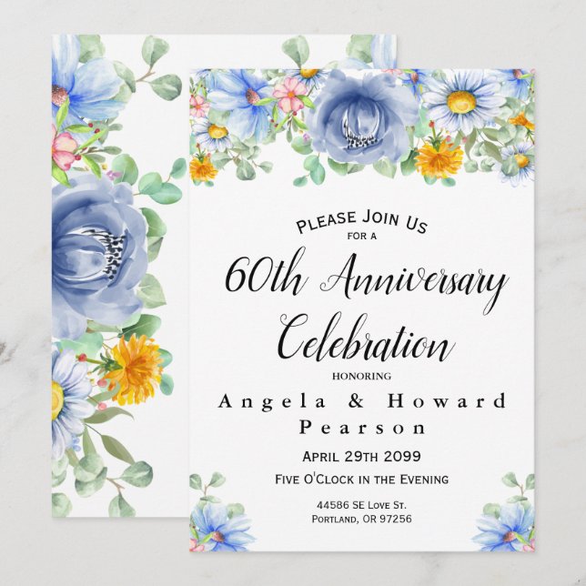 Watercolor Eucalyptus Floral 60th Anniversary Invitation (Front/Back)