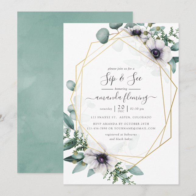 Watercolor Eucalyptus Floral Geometric Sip and See Invitation (Front/Back)