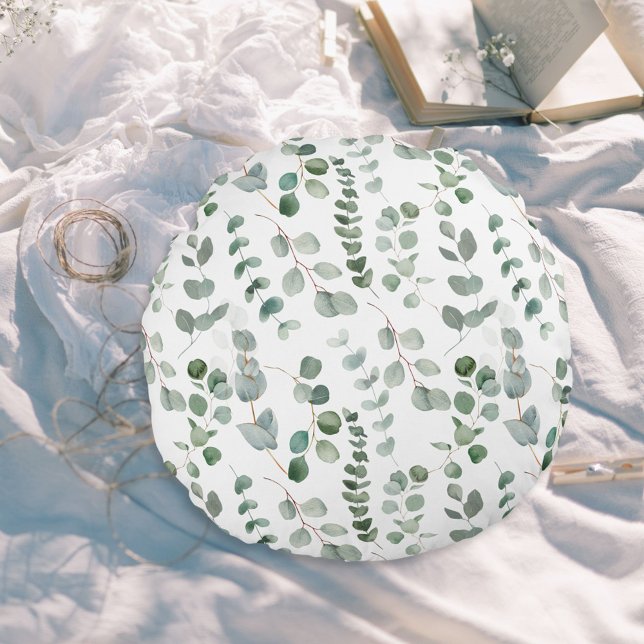 Watercolor Eucalyptus Floral Pattern Round Pillow (In situ)
