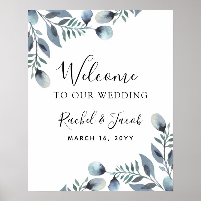 Watercolor Eucalyptus Floral Wedding Welcome Sign (Front)