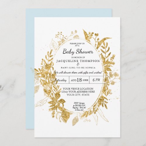 Watercolor Eucalyptus Foliage Boy Baby Blue w Gold Invitation