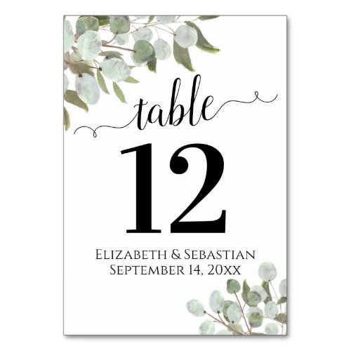Watercolor Eucalyptus Foliage Elegant Boho Wedding Table Number