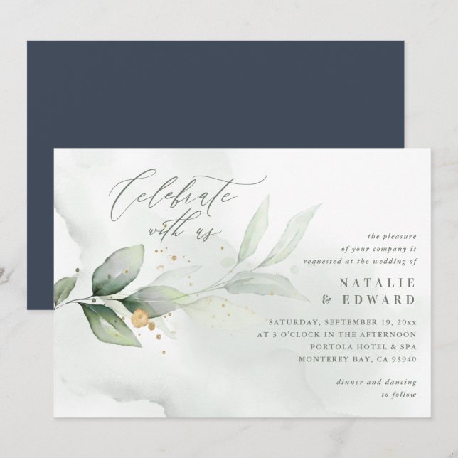 Watercolor eucalyptus foliage navy gold wedding (Front/Back)