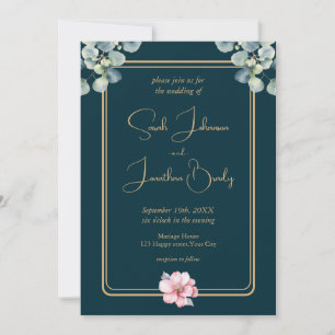 Watercolor Eucalyptus Foliage Pink Flower Wedding Invitation