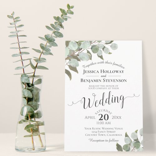 Watercolor Eucalyptus Foliage Rustic Boho Wedding Invitation
