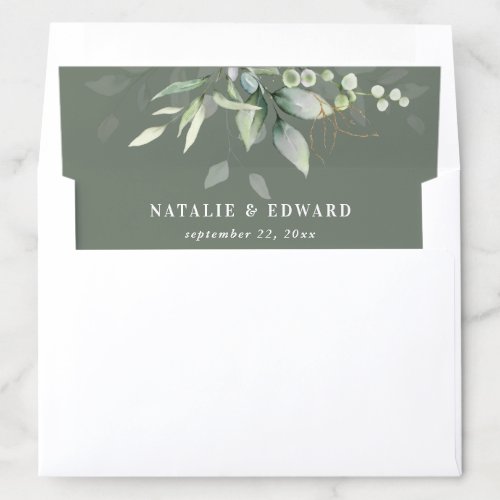 Watercolor eucalyptus foliage sage green wedding envelope liner