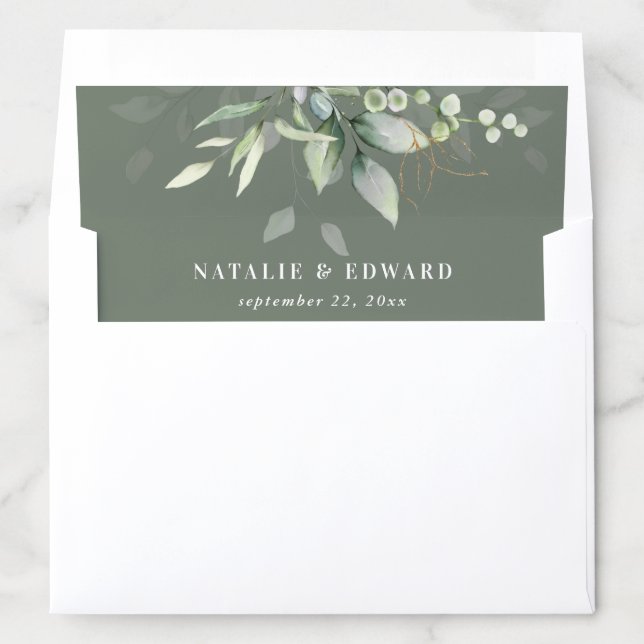 Watercolor eucalyptus foliage sage green wedding envelope liner (In Envelope)