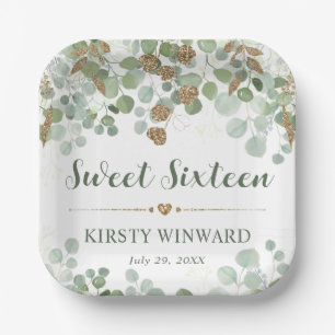 Watercolor Eucalyptus Foliage Sweet 16 Paper Plates