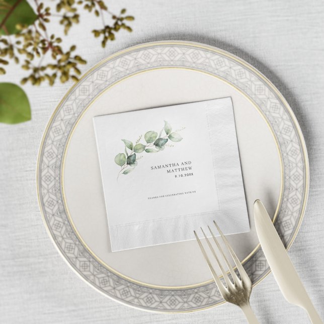 Watercolor Eucalyptus Foliage Wedding Shower Paper Napkins (Eucalyptus Greenery Minimalist Wedding Reception Custom Paper Napkin)