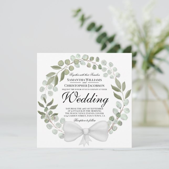 Watercolor Eucalyptus & Foliage Wreath Wedding Invitation (Standing Front)