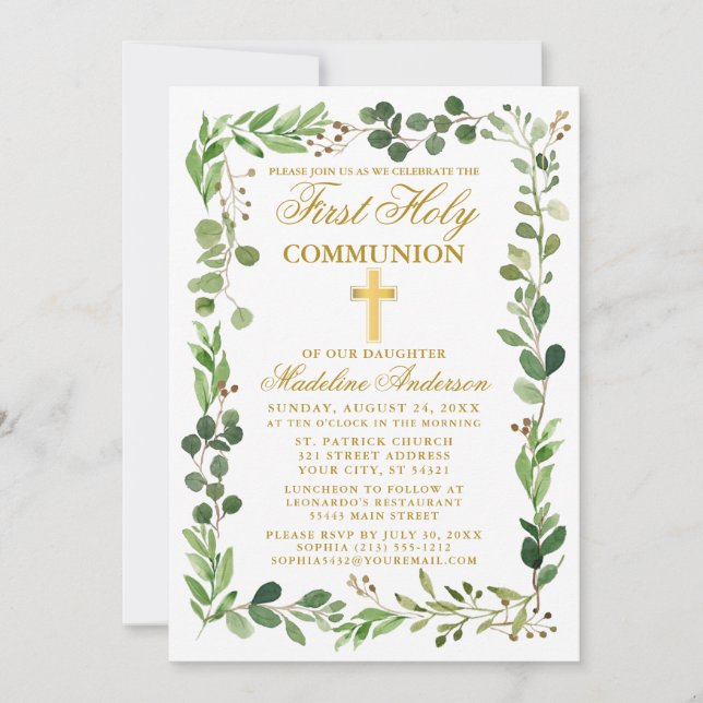 Watercolor Eucalyptus Frame First Communion Gold Invitation (Front)