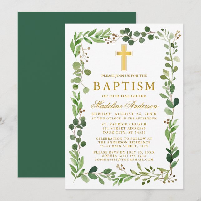 Watercolor Eucalyptus Frame Gold Baptism Invitation (Front/Back)