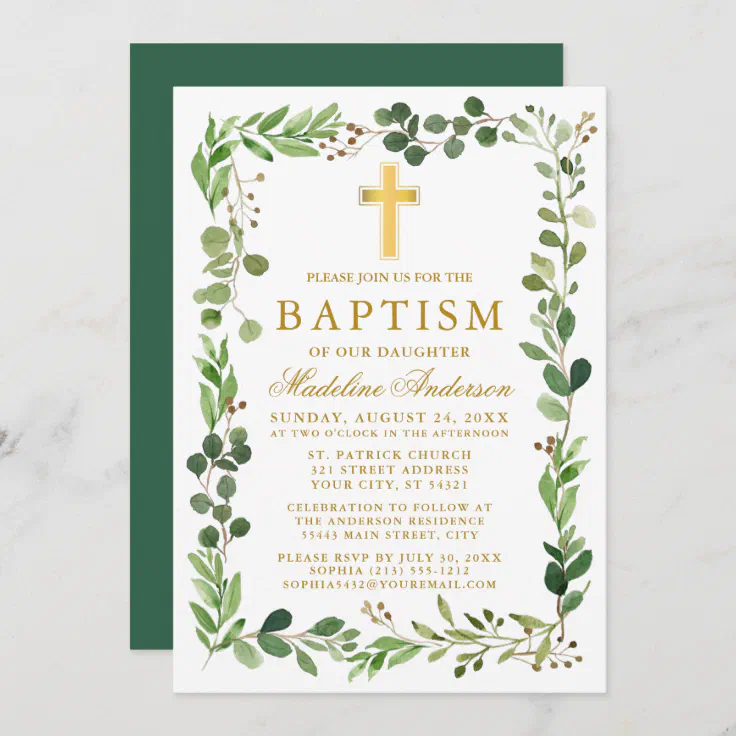 Watercolor Eucalyptus Frame Gold Baptism Invitation | Zazzle