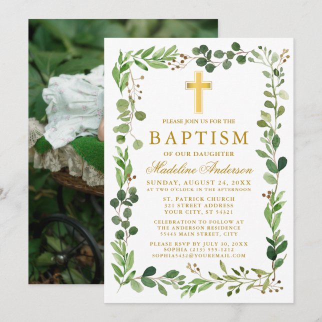 Watercolor Eucalyptus Frame Gold Baptism Photo Invitation (Front/Back)