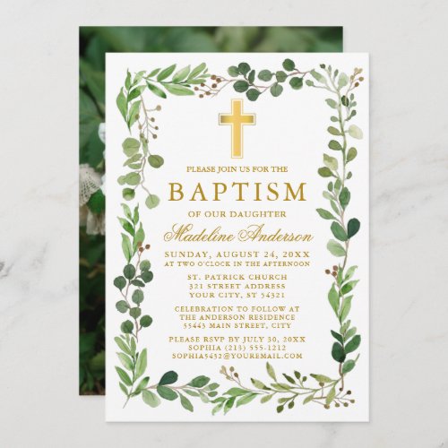 Watercolor Eucalyptus Frame Gold Baptism Photo Invitation
