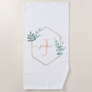 Watercolor Eucalyptus Frame Monogram Beach Towel