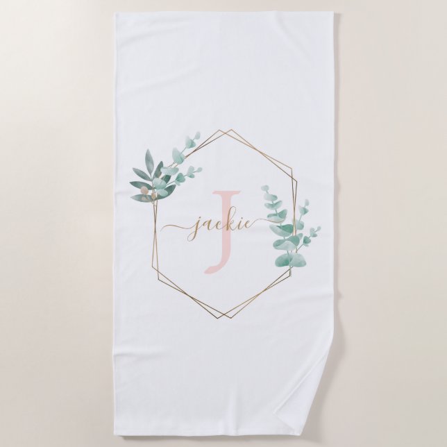 Watercolor Eucalyptus Frame Monogram Beach Towel (Front)