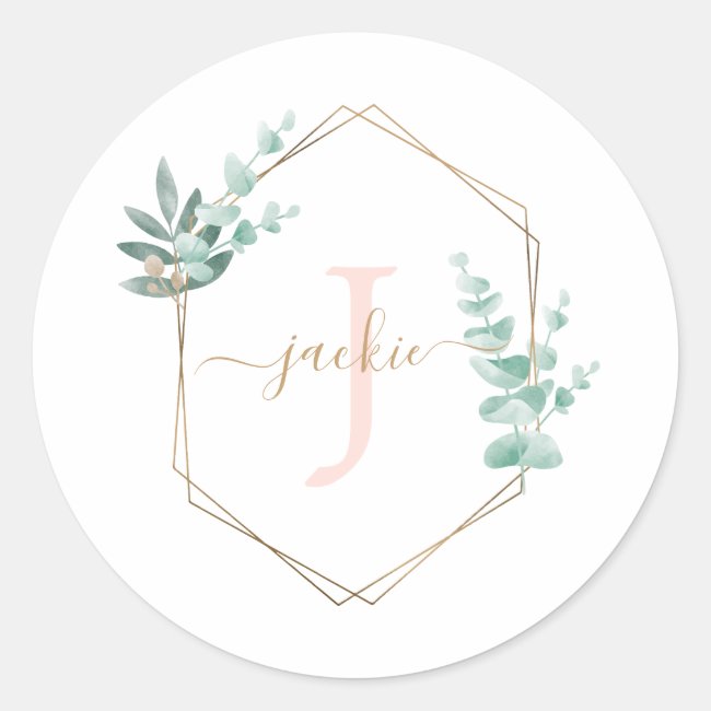 Watercolor Eucalyptus Frame Monogram Classic Round Sticker