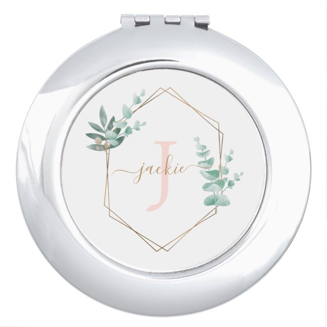 Watercolor Eucalyptus Frame Monogram Compact Mirror (Front)