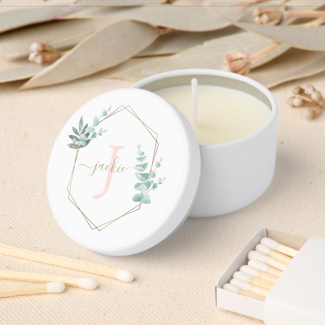 Watercolor Eucalyptus Frame Monogram Mini Candle Favors (Insitu)