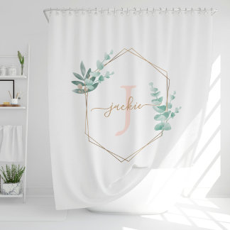 Watercolor Eucalyptus Frame Monogrammed Shower Curtain