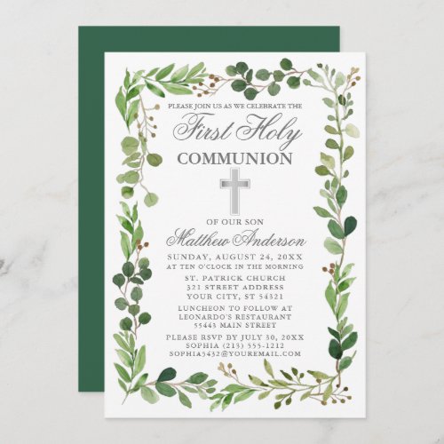 Watercolor Eucalyptus Frame Silver First Communion Invitation