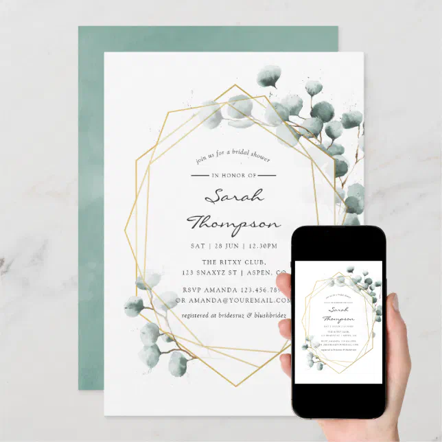 Watercolor Eucalyptus Geometric Bridal Shower Invitation Zazzle 4796