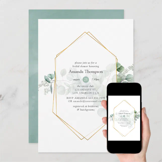 Watercolor Eucalyptus Geometric Bridal Shower Invitation Zazzle 4495