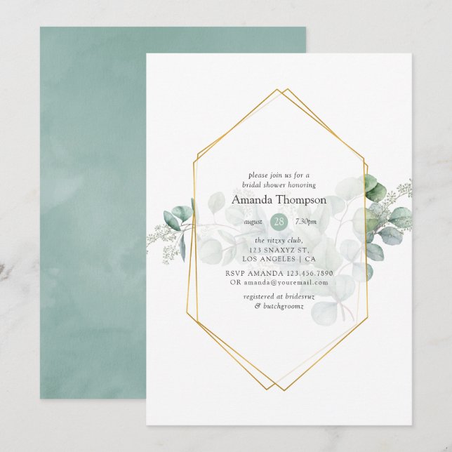 Watercolor Eucalyptus Geometric Bridal Shower Invitation (Front/Back)