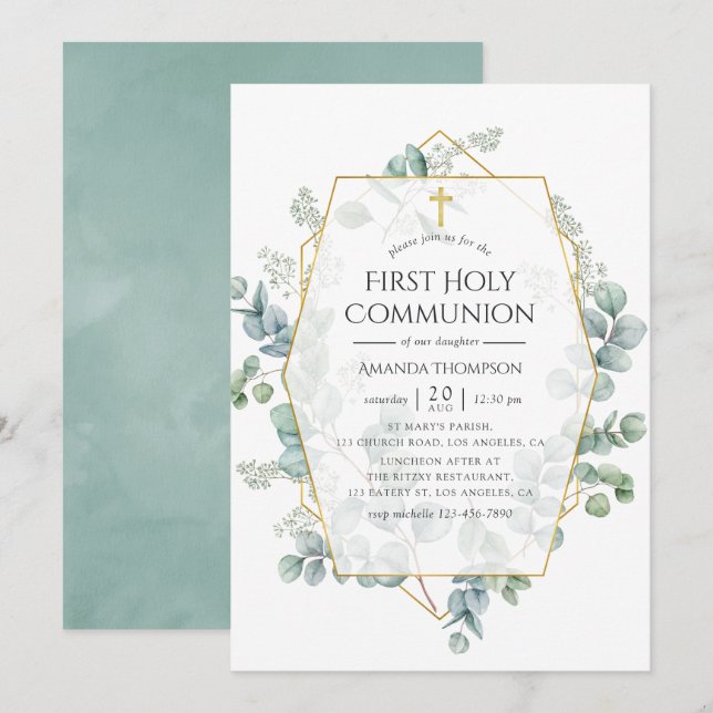 Watercolor Eucalyptus Geometric First Communion Invitation (Front/Back)