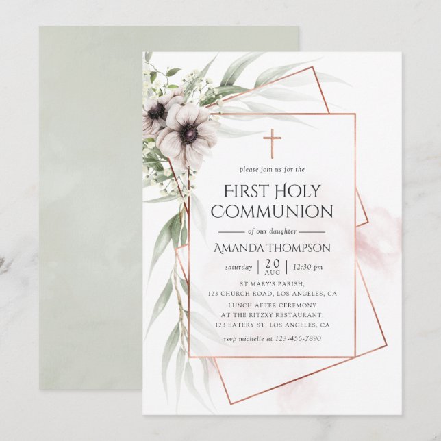 Watercolor Eucalyptus Geometric Holy Communion Invitation (Front/Back)