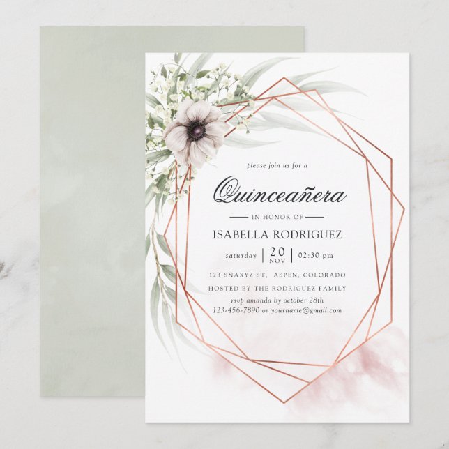 Watercolor Eucalyptus Geometric Quinceañera Invitation (Front/Back)