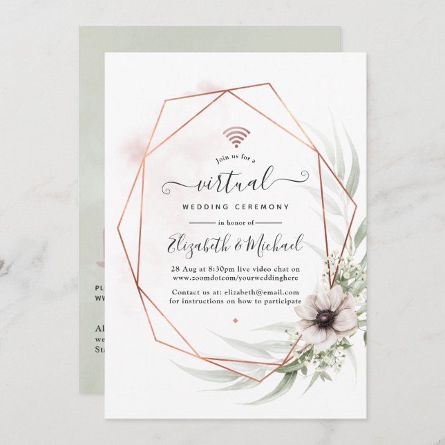 Watercolor Eucalyptus Geometric Virtual Wedding Invitation (Front/Back)