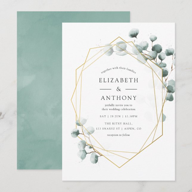 Watercolor Eucalyptus Geometric Wedding Invitation (Front/Back)