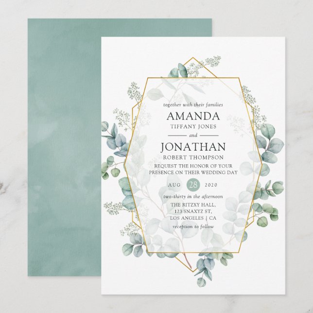Watercolor Eucalyptus Geometric Wedding Invitation (Front/Back)