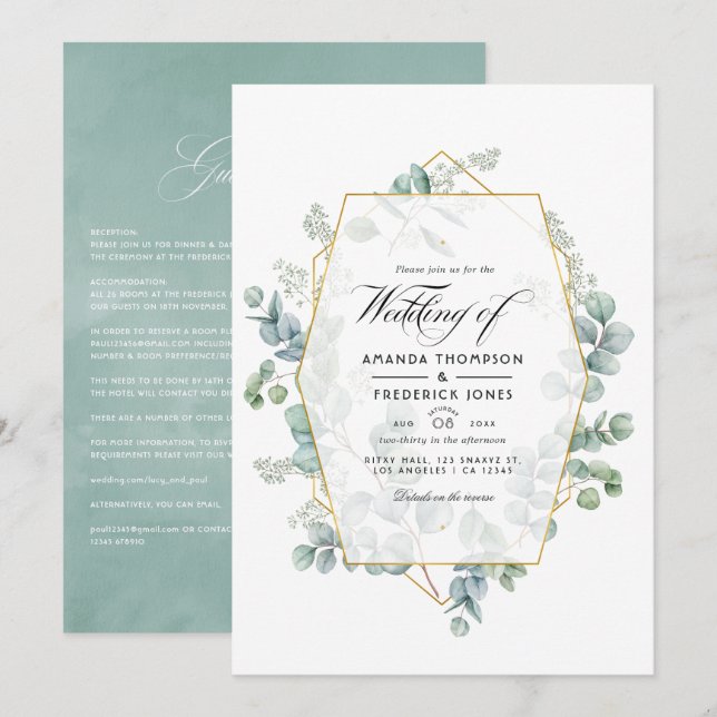 Watercolor Eucalyptus Geometric Wedding Invitation (Front/Back)