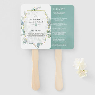 Watercolor Eucalyptus Geometric Wedding Program Hand Fan