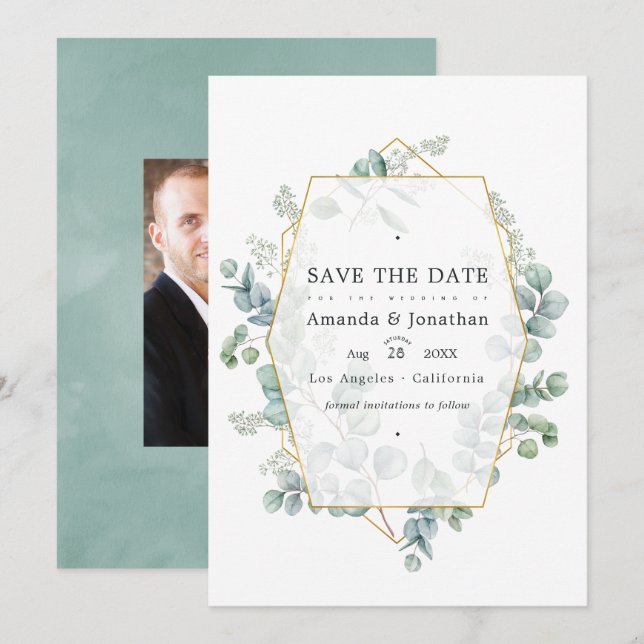 Watercolor Eucalyptus Geometric Wedding Save The D Date (Front/Back)