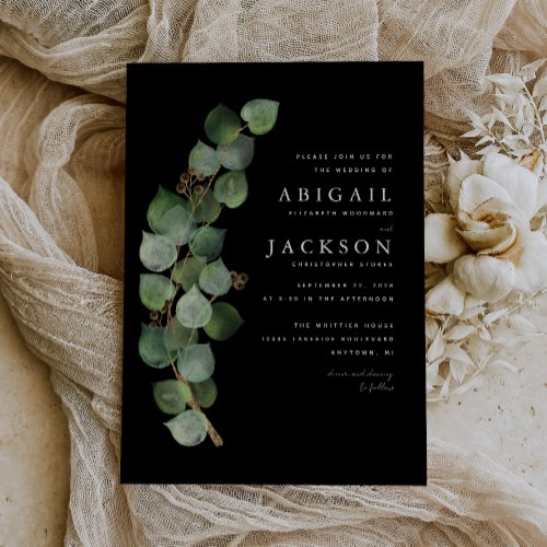 Watercolor Eucalyptus Gold Black Wedding Invitation