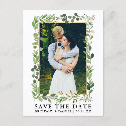 Watercolor Eucalyptus Gold Frame Save The Date Postcard