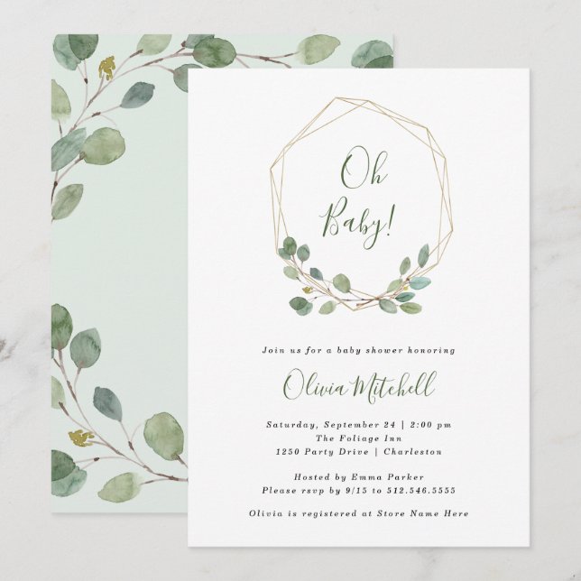 Watercolor Eucalyptus | Gold Geometric Baby Shower Invitation (Front/Back)