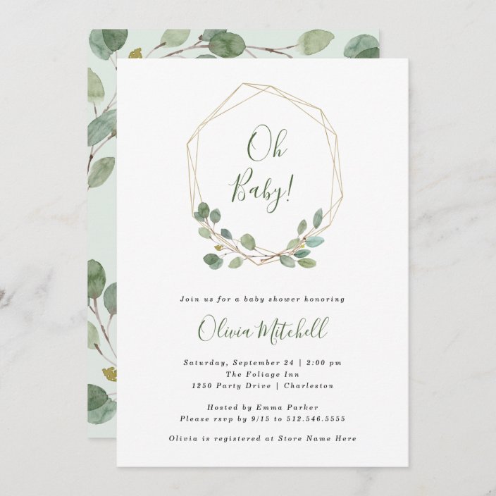 Watercolor Eucalyptus | Gold Geometric Baby Shower Invitation | Zazzle.com