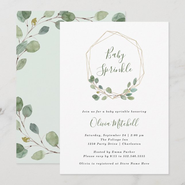 Watercolor Eucalyptus Gold Geometric Baby Sprinkle Invitation (Front/Back)